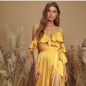 Moriah Mustard Yellow Satin Wrap Maxi Dress